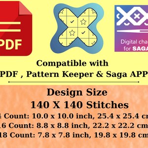 Puede incluir: Imagen para un patr&oacute;n de punto de cruz digital. Incluye un icono PDF rojo, un dise&ntilde;o azul y amarillo y un icono de gr&aacute;fico digital p&uacute;rpura. El texto dice "Compatible con PDF, Pattern Keeper & Saga APP" y "Design Size 140 X 140 Stitches".