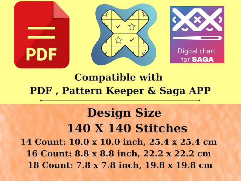 Puede incluir: Imagen para un patr&oacute;n de punto de cruz digital. Incluye un icono PDF rojo, un dise&ntilde;o azul y amarillo y un icono de gr&aacute;fico digital p&uacute;rpura. El texto dice "Compatible con PDF, Pattern Keeper & Saga APP" y "Design Size 140 X 140 Stitches".