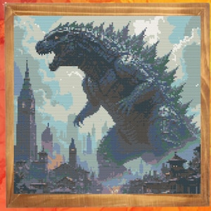 Godzilla Cross Stitch Pattern, Monster Destroy City, Instant Download