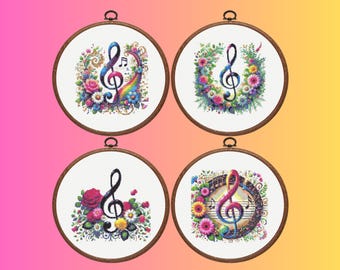Music Note Cross Stitch Pattern, Set of 4 Floral Musiic Cross Stitch Pattern,  Instant Download