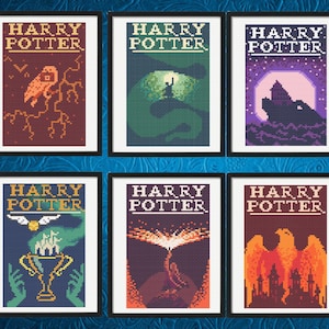 May include: Six framed cross-stitch patterns featuring Harry Potter themes. Each design includes the text Harry Potter at the top. The images depict an owl, a snake, a castle silhouette, a golden snitch with a goblet, a phoenix, and a large bird.