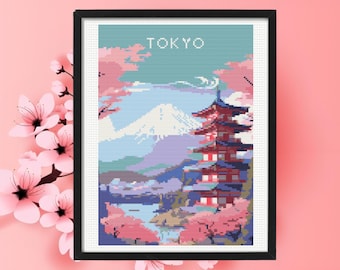 Tokyo Cross Stitch Pattern, Japan Travel Cross Stitch Pattern, Fuji Cross Stitch, Instant Download