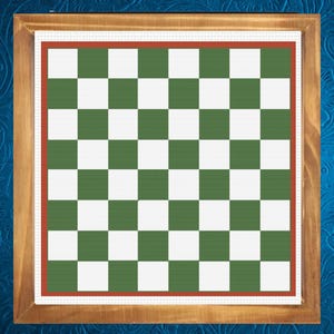 May include: A framed, cross-stitch chess board with alternating green and white squares. The board is bordered by a red line and a wooden frame. The background is a blue, floral patterned surface.