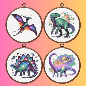 Cosmic Dinosaur Cross Stitch Pattern, Set of 4 Dinosaur Cross Stitch Pattern,  Instant Download