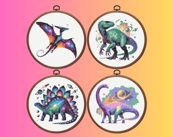 Korsstygnsmönster med kosmisk dinosaurie, set med 4 korsstygnsmönster med dinosaurie, direkt nedladdning