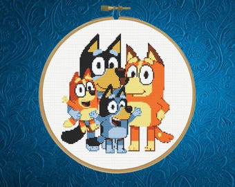 Blue Dog Familty Cross Stitch Pattern,  Cartoon Dog Cross Stitch Pattern, Instant Download