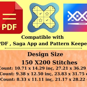 May include: A digital cross-stitch pattern information graphic featuring icons for PDF, Saga App, and Pattern Keeper. It lists a design size of 150 x 200 stitches with dimensions for 14, 16, and 18 count fabric in both inches and centimeters.