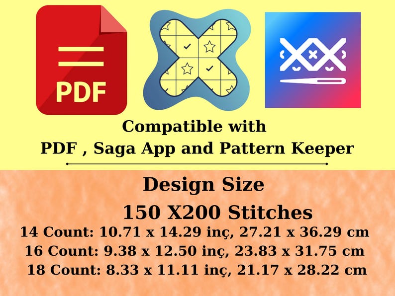 May include: A digital cross-stitch pattern information graphic featuring icons for PDF, Saga App, and Pattern Keeper. It lists a design size of 150 x 200 stitches with dimensions for 14, 16, and 18 count fabric in both inches and centimeters.