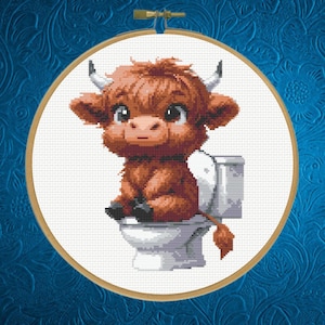 Highland Cow Cross Stitch Pattern, Funny Toilet Cross Stitch Pattern, Instant Download