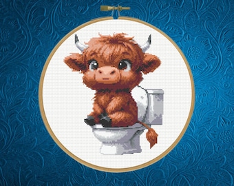 Highland Cow Cross Stitch Pattern, Funny Toilet Cross Stitch Pattern, Instant Download