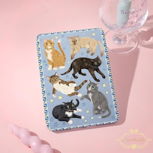 May include: A rectangular blue cat-themed illustration with a border of repeating triangles. The illustration features six different cat breeds in various poses, with yellow stars scattered across the background. The cats are in shades of orange, brown, grey, and black.