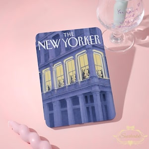 May include: A rectangular e-reader cover featuring a blue-toned illustration of a building facade with yellow-lit windows. Each window displays a rabbit silhouette. The text THE NEW YORKER is printed in white at the top of the cover design.