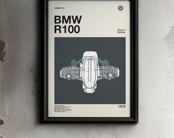 BMW R100 Engine Illustration Modern Design Poster