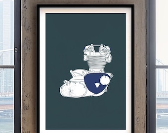 Póster con ilustración del motor de la Triumph Bonneville y diseño moderno.