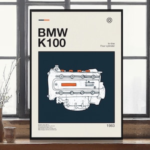 BMW K100 Engine Illustration Modern Design Poster