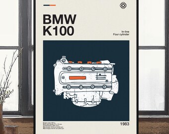 BMW K100 Engine Illustration Modern Design Poster