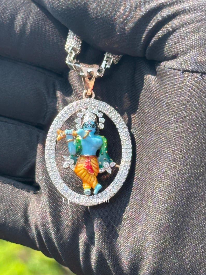 925 Silver Shree Krishna Flute Pendant Moissanite Diamond, Religious ...