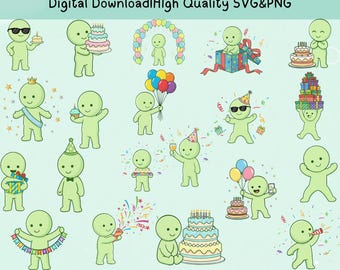 Birthday Smiski PNG SVG Bundle | 20 Cute Green Guy Birthday | Kawaii Smiski Digital Download| Printable Sticker Files | 300 DPI Transparent