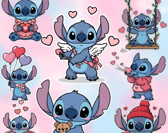 Stitch Valentine SVG Bundle, Cupid Heart Designs, Cricut Cut Files (Digital Download)