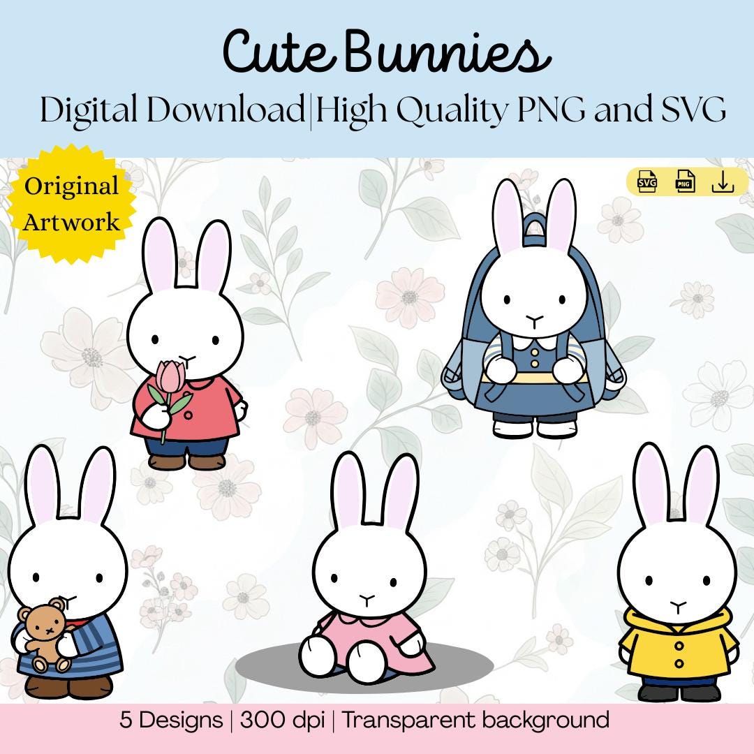 Kawaii Bunny SVG & PNG Bundle | 5 Cute Minimalist Rabbit Clipart ...