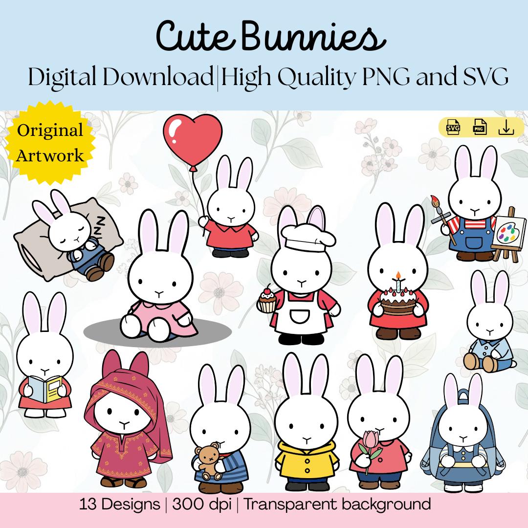 Cute Bunny SVG & PNG Bundle | 13 Kawaii Minimalist Rabbit Designs ...