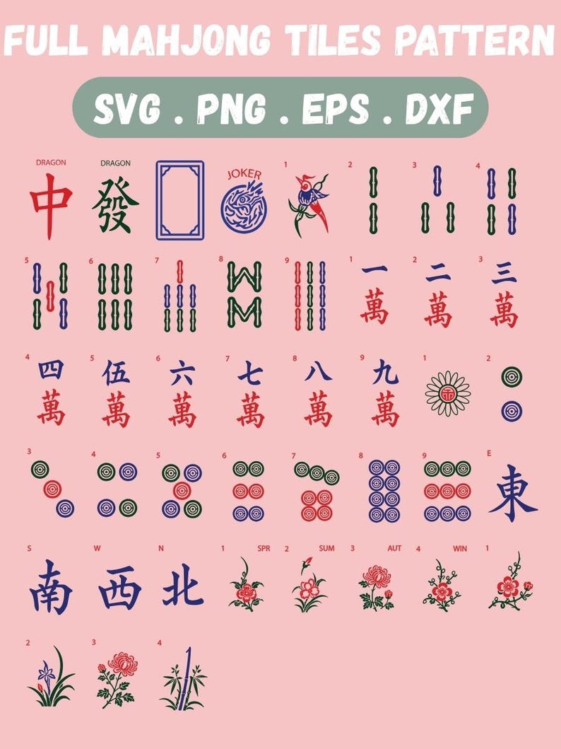 May include: A pink graphic featuring a full Mahjong tiles pattern. The design includes various tiles with Chinese characters, symbols, and floral illustrations. The text "FULL MAHJONG TILES PATTERN" is at the top.