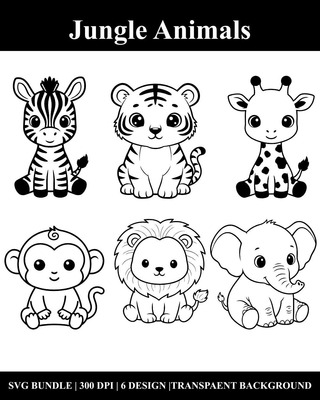 Cute Jungle Animals SVG Bundle Lion, Giraffe, Elephant, Tiger, Monkey ...