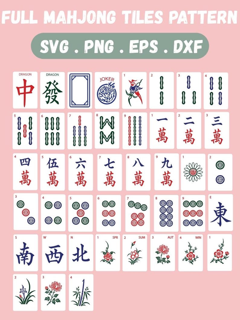 May include: A digital illustration of Mahjong tiles with a pink background. The tiles feature Chinese characters, numbers, and symbols in red, blue, and green. Text at the top reads "FULL MAHJONG TILES PATTERN" and "SVG . PNG . EPS . DXF".