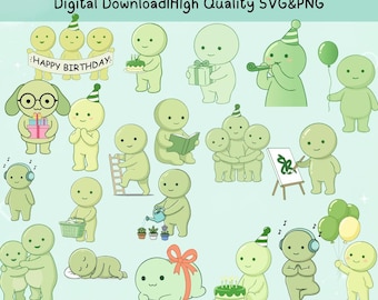 Birthday Smiski Clipart | Kawaii Green Guy PNG SVG Bundle (Digital Download