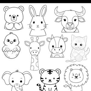 Pacchetto di simpatici cuccioli di animali della savana in formato SVG: leone, giraffa, orso, elefante, tigre, coniglio, bufalo, gatto, pulcino, mucca (clipart).