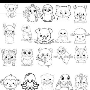 May include: Black and white SVG bundle featuring 20 safari animal designs. Includes a koala, peacock, penguin, raccoon, rhino, llama, parrot, pig, seal, sheep, leopard, owl, panda, sloth, squirrel, monkey, octopus, otter, turtle, and zebra.