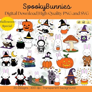 May include: A digital download collection titled SpookyBunnies featuring 20 high-quality PNG and SVG designs of white cartoon bunnies in various Halloween costumes, including witches, ghosts, skeletons, and vampires, with pumpkins and spooky motifs.
