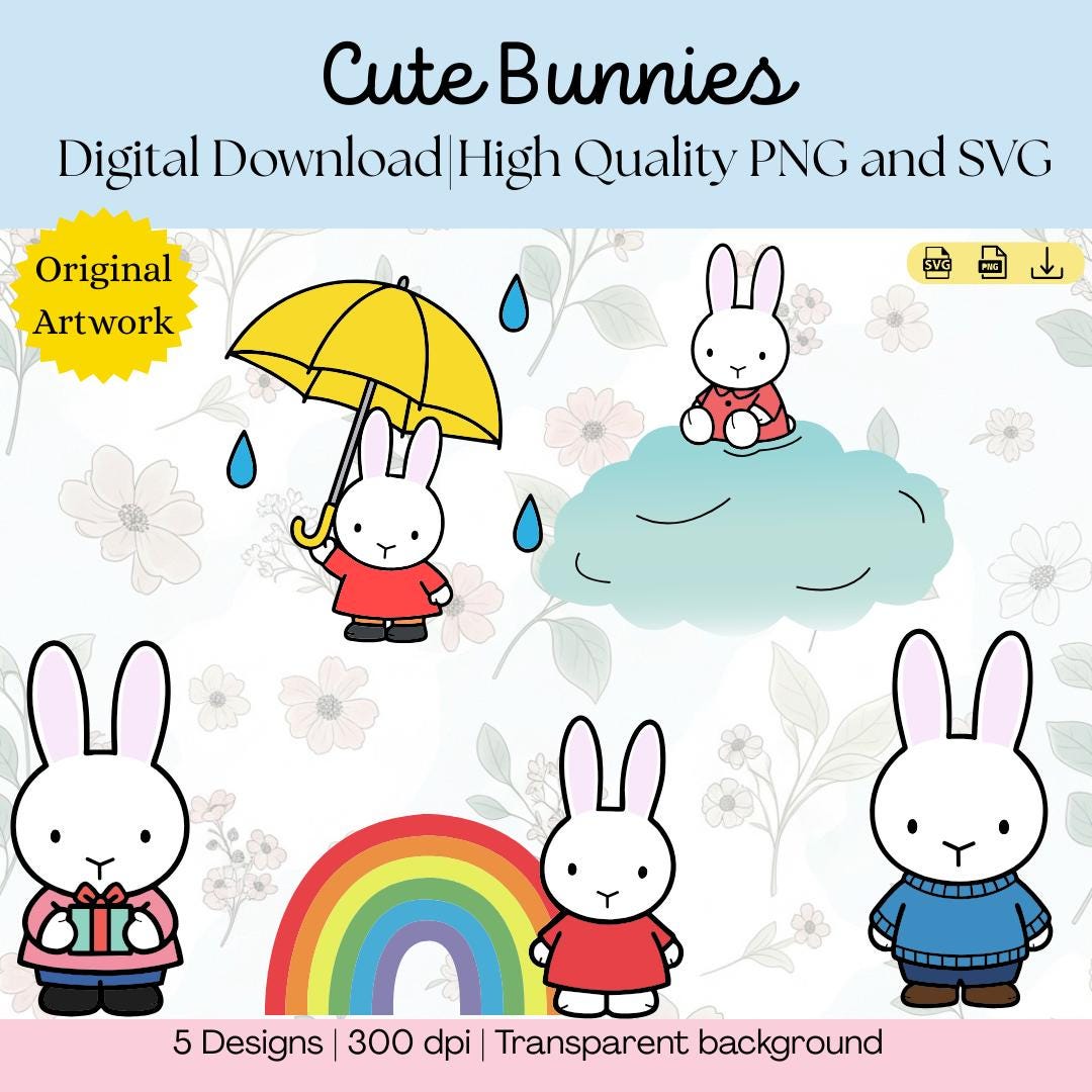 Cute Bunny SVG PNG Bundle | 5 Kawaii Minimalist Bunny Designs | Cartoon ...