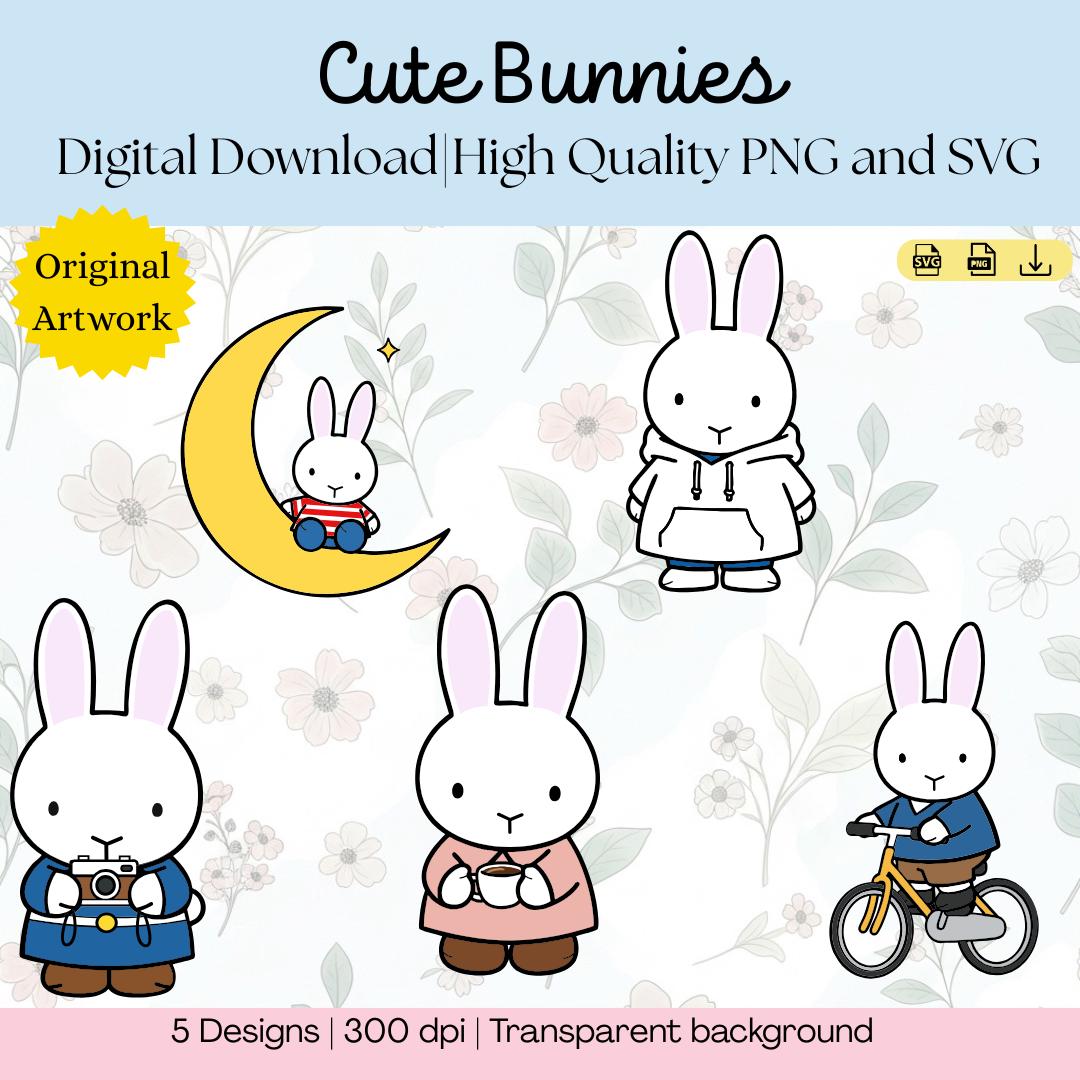 Minimalist Kawaii Bunny SVG Clipart Bundle | Pastel Cartoon Rabbit ...