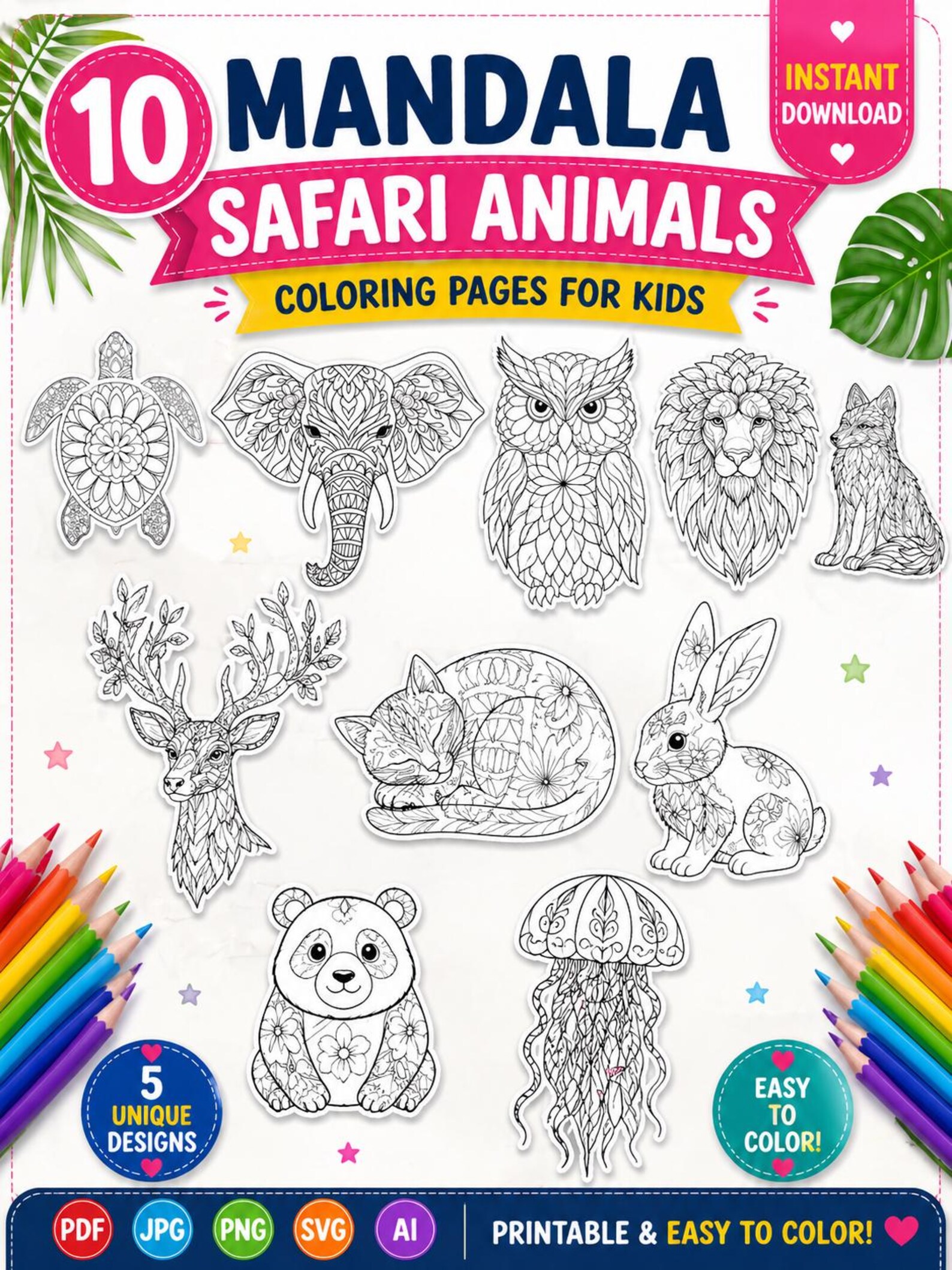 10 Mandala Safari Animals Coloring Pages for Kids, Printable Coloring ...