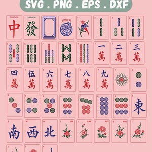May include: A pink background displays a collection of Mahjong tiles. The tiles feature various symbols, Chinese characters, and suit markings. The text "FULL MAHJONG TILES PATTERN" and file type options are at the top. The tiles are arranged in a grid.