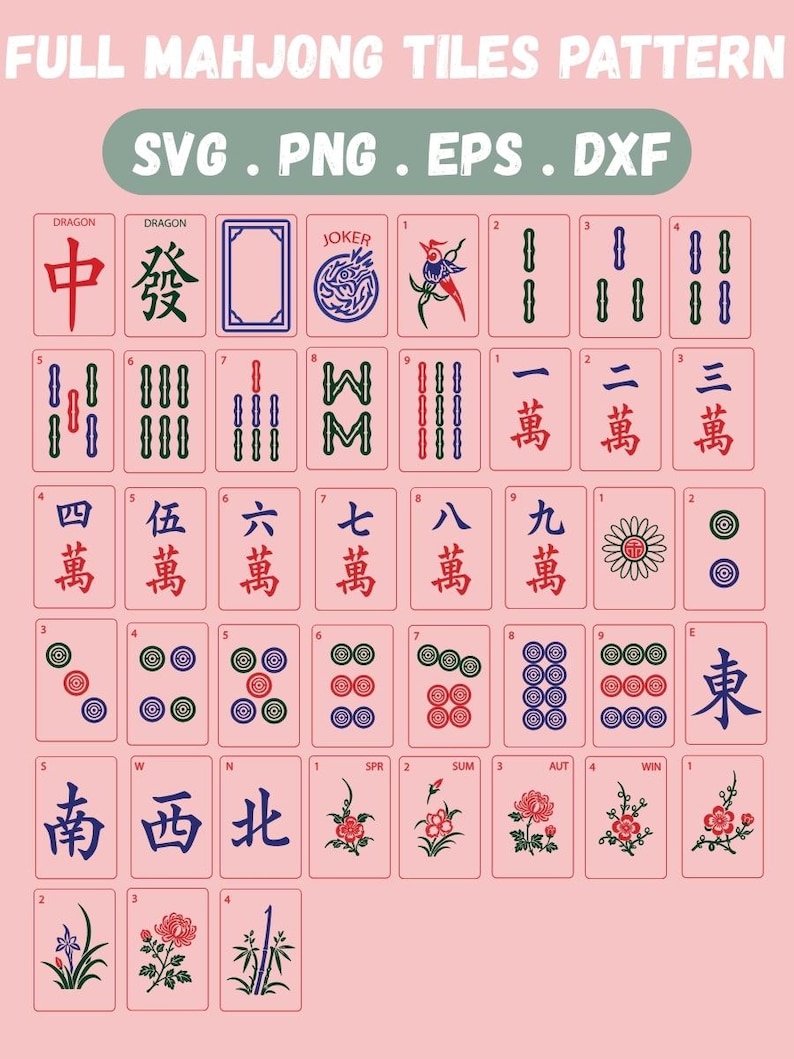May include: A pink background displays a collection of Mahjong tiles. The tiles feature various symbols, Chinese characters, and suit markings. The text "FULL MAHJONG TILES PATTERN" and file type options are at the top. The tiles are arranged in a grid.
