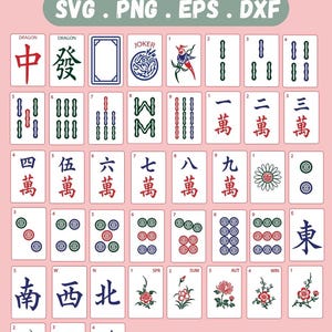 May include: A pink graphic featuring a collection of Mahjong tiles with various symbols and Chinese characters. The text "FULL MAHJONG TILES PATTERN" and file type options are displayed at the top. The bottom reads "4 VERSIONS".