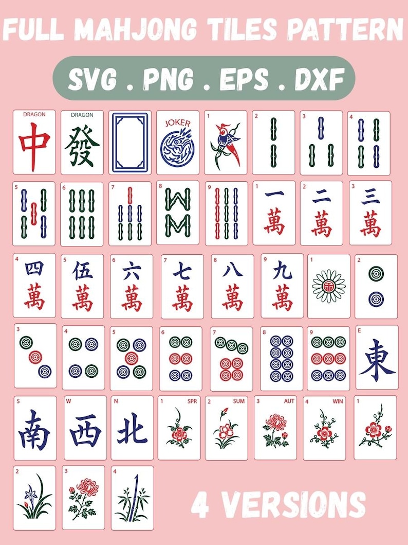 May include: A pink graphic featuring a collection of Mahjong tiles with various symbols and Chinese characters. The text "FULL MAHJONG TILES PATTERN" and file type options are displayed at the top. The bottom reads "4 VERSIONS".