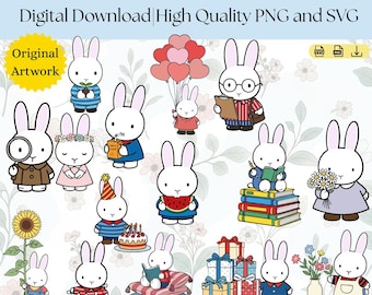Kawaii Bunny SVG Bundle | Pastel Cartoon Clipart (15 Designs)