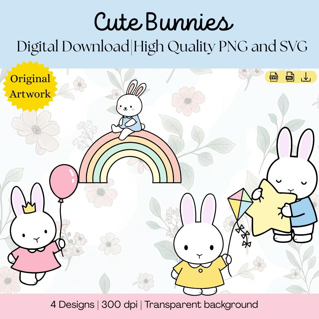 Bunny SVG Bundle | 4 Cute Minimalist Bunny SVG, PNG | Kawaii Pastel ...
