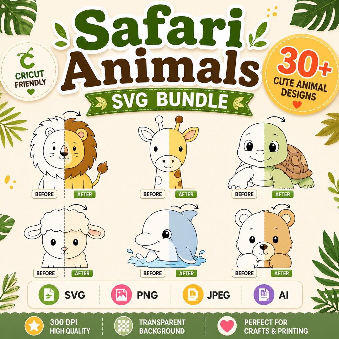 Cute Baby Safari Animals SVG Bundle 40 Animals Lion, Giraffe, Elephant ...