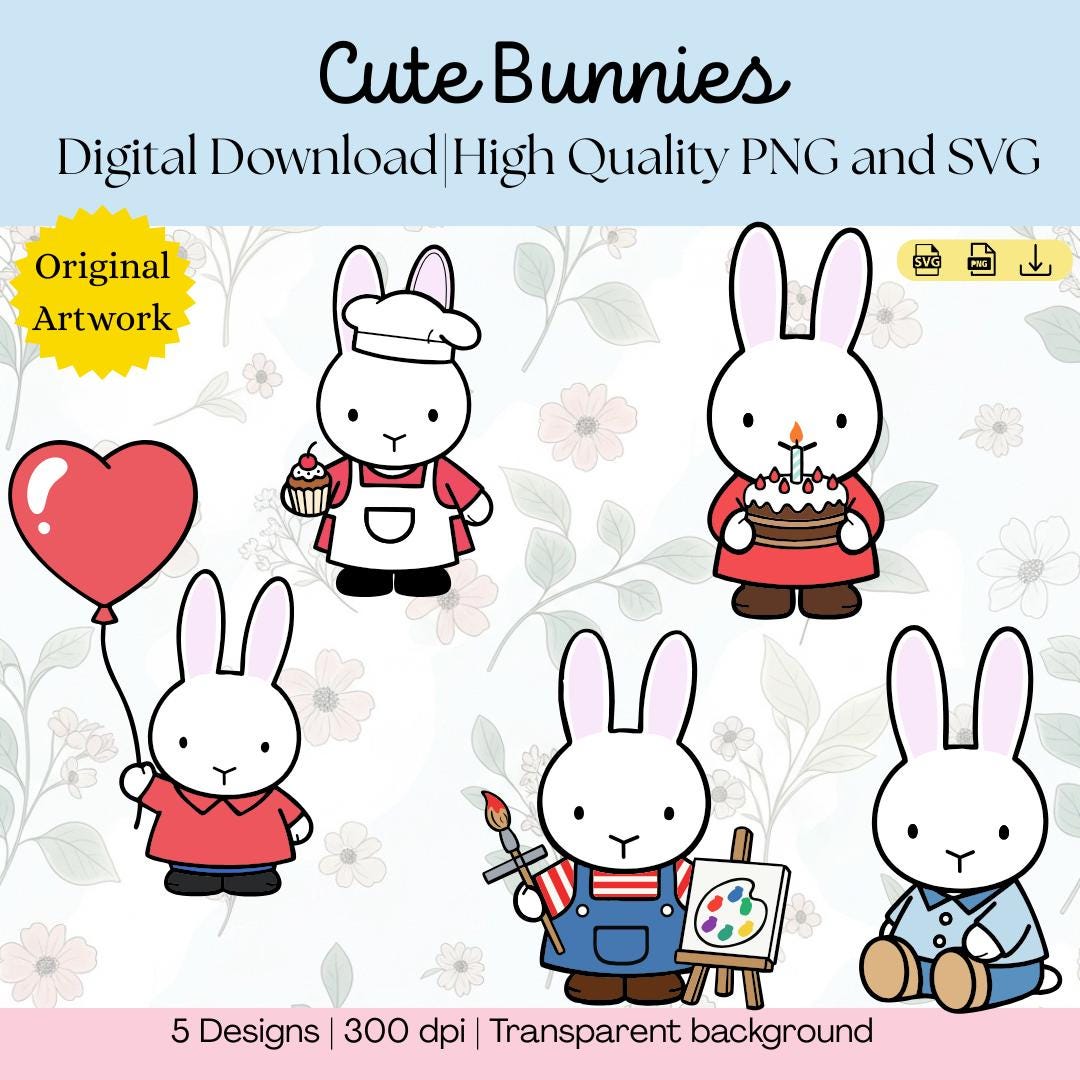 Cute Bunny SVG PNG Bundle | 5 Kawaii Pastel Rabbit Designs | Minimalist ...