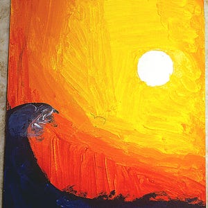 May include: An abstract painting depicting a sunset over the sea. The sky blends from yellow to orange and red, with a white sun. A dark blue wave crashes in the foreground. The word "sunwave" is written at the bottom.
