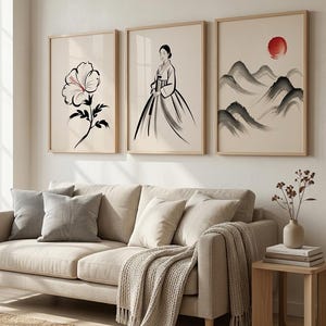 Korean Wall Art Set of 3, Sumi-e Prints, Hanbok Woman, Mugunghwa Flower, Minimalist Asian Decor, Printable Digital Download A0–A4