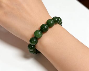 Chunky Green Nephrite Bracelet - 12mm Bead, 45g Weight, Minimalist Stone Bracelet