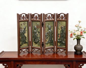 Epic Chinese Beauties Jade Carving - 547g Solid Nephrite Table Screen, Oriental Art & History Artifact