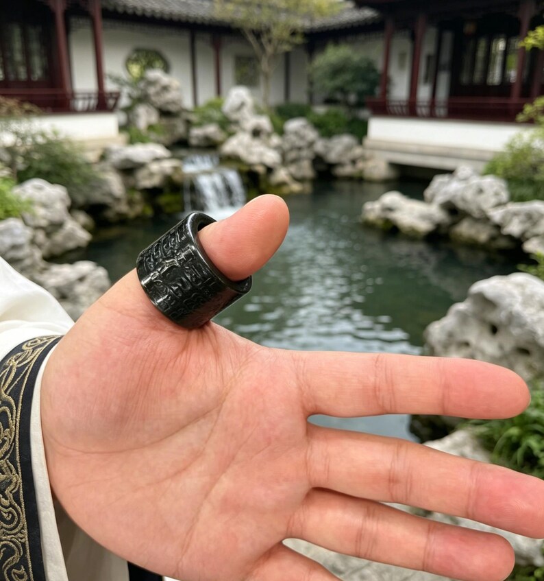 Dark Green Nephrite Jade Archer Ring, Hand Carved Thumb Ring, Chinese Collector Jewelry image 14