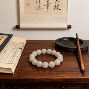 May include: A white beaded bracelet rests on a dark wooden surface, alongside a traditional ink stone, calligraphy brush, and an open book. A scroll with Chinese characters hangs in the background. The bracelet is made of round, opaque beads.