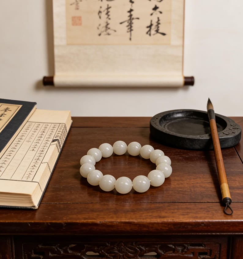 May include: A white beaded bracelet rests on a dark wooden surface, alongside a traditional ink stone, calligraphy brush, and an open book. A scroll with Chinese characters hangs in the background. The bracelet is made of round, opaque beads.
